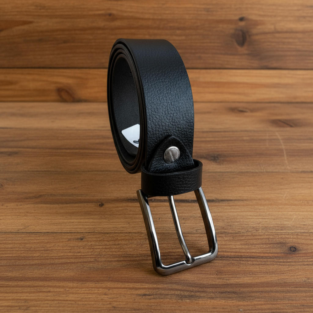 Black leather belt with silver mock