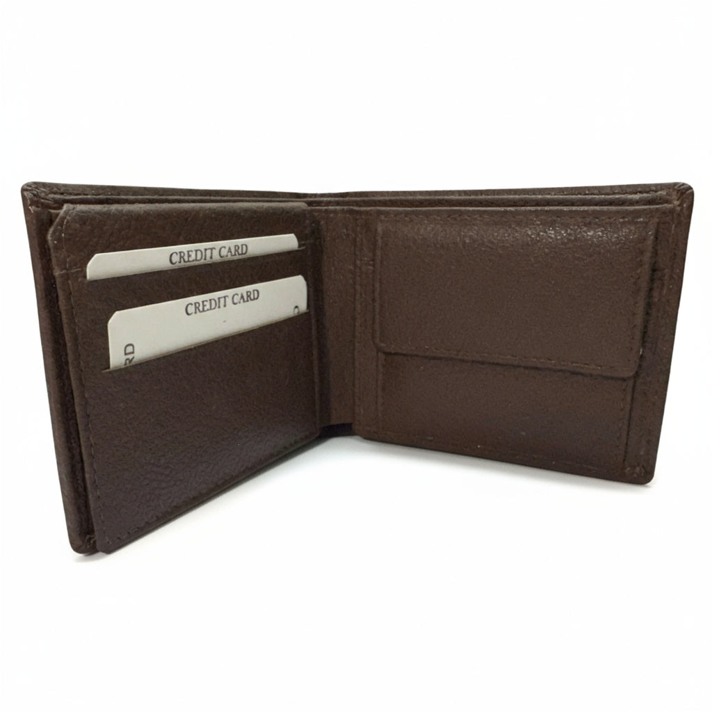 Coffee Brown Leather Wallet with Coin Pocket & Upper Flap