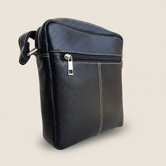 Unisex Black Leather Sling Bag – Medium Size