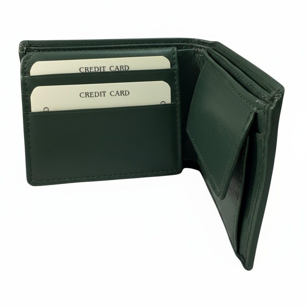 Green leather wallet with two credit card slots on a white background