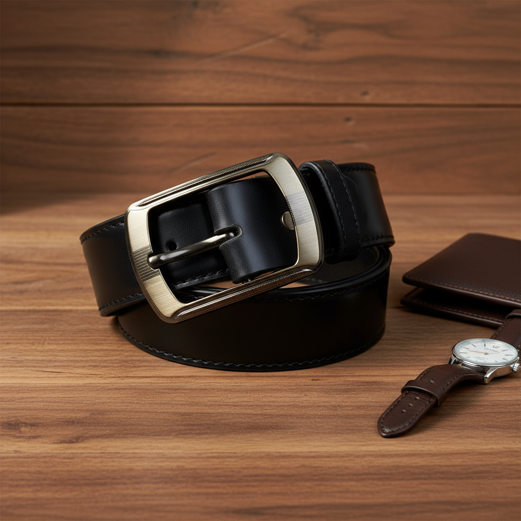 Fancy Crystal Stitch Leather Belt with H Buckle – 40MM (Black)