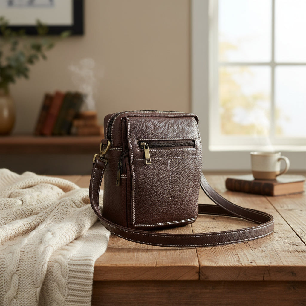 Brown leather crossbody bag with a gold zipper on a white background