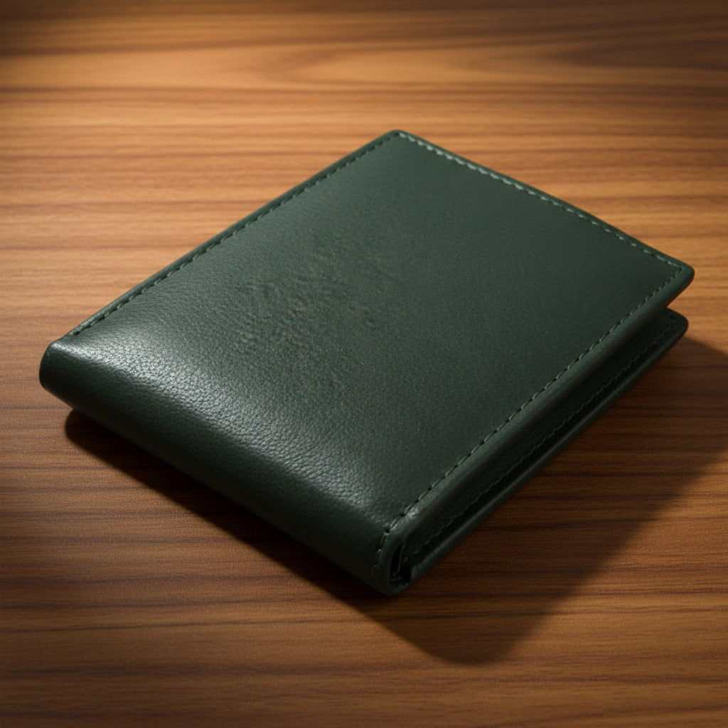 Green leather wallet on a white background